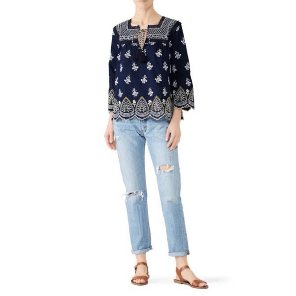 Shoshanna Calah 100% Cotton Embroidered Boho Festival Peasant Blouse Navy XS